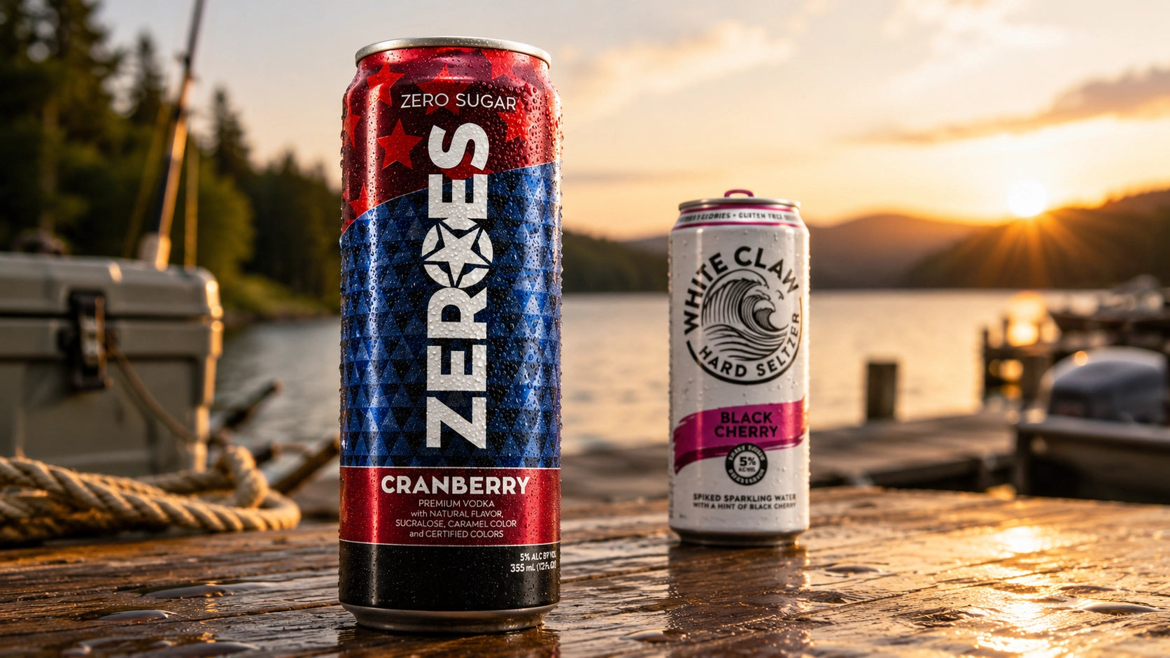 Two cans of ZEROS and White Claw on a dock with a sunset background