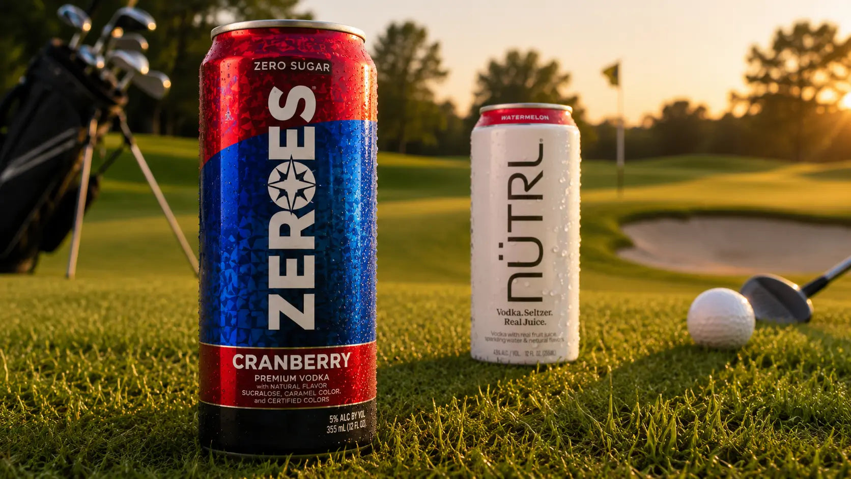 Two cans of Zeroes Cranberry and Nütrl on a golf course with golf equipment and a golf ball.